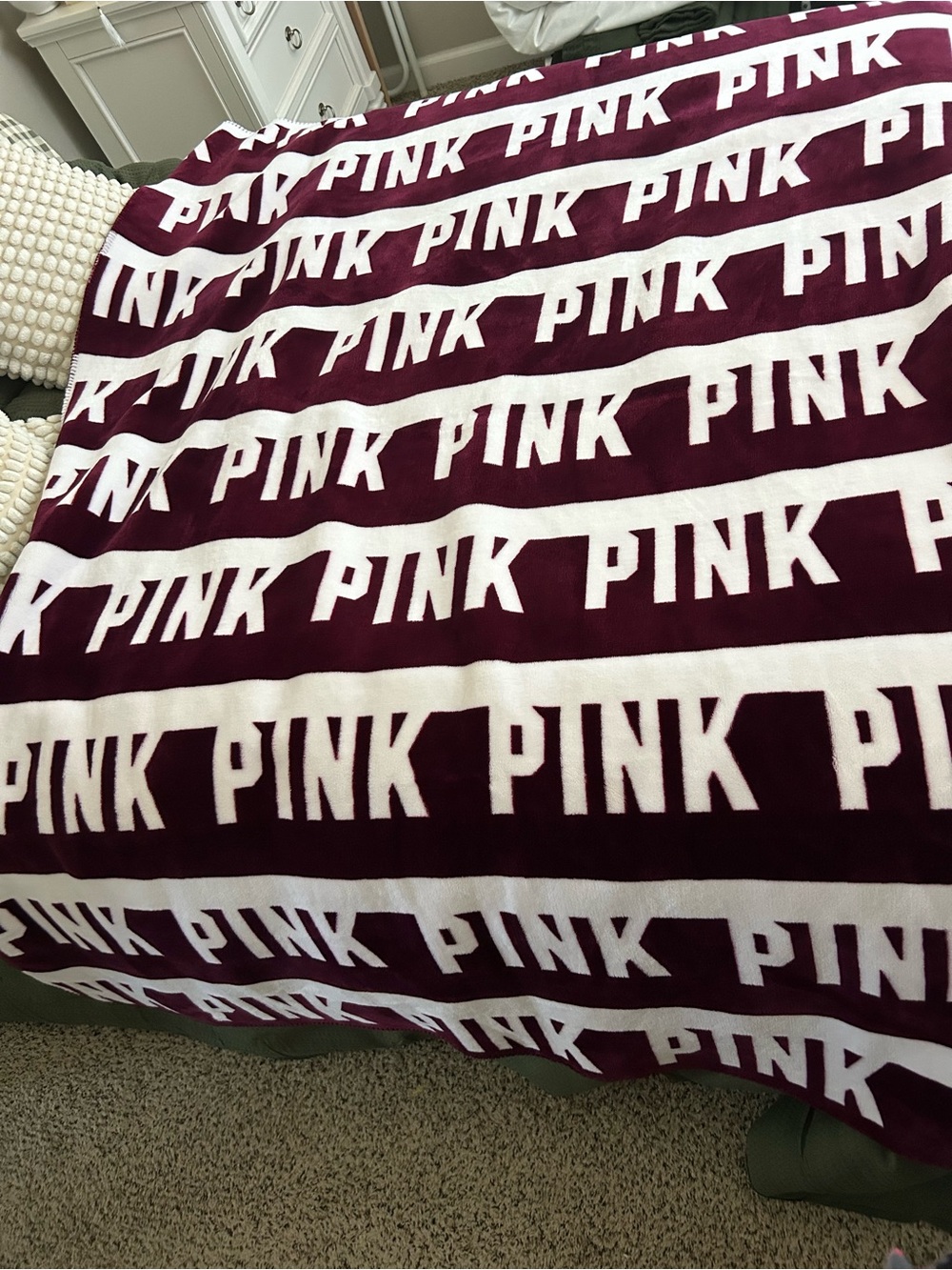 PINK Victoria's Secret Plush Logo Throw Blanket - White and Deep Berry